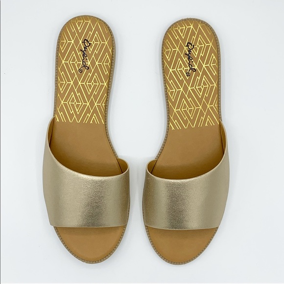 Gold Metallic Slide Sandals Flat Slip On Summer Casual Shoes - Picture 3 of 9